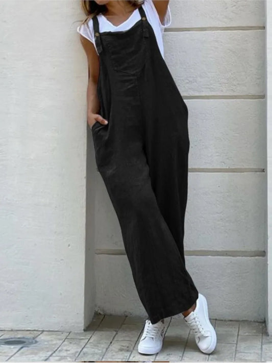 Spring Summer Jumpsuit For Women Solid Color Romper Casual Pant Pockets Button Wide Leg Strap Jumpsuits Loose Rompers Overalls.