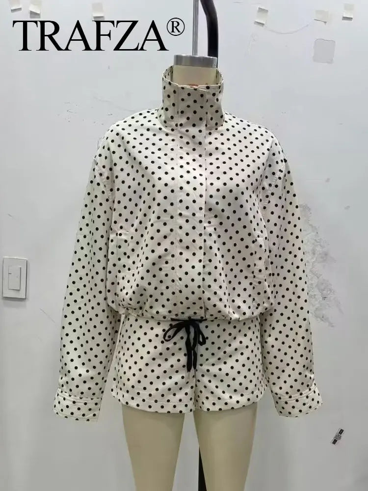 TRAFZA Herbst Polka Dot Gedruckt Jacke Für Frauen Lange Ärmel Rollkragen Zipper Mit Taschen Kordelzug Lose Vintage Mäntel