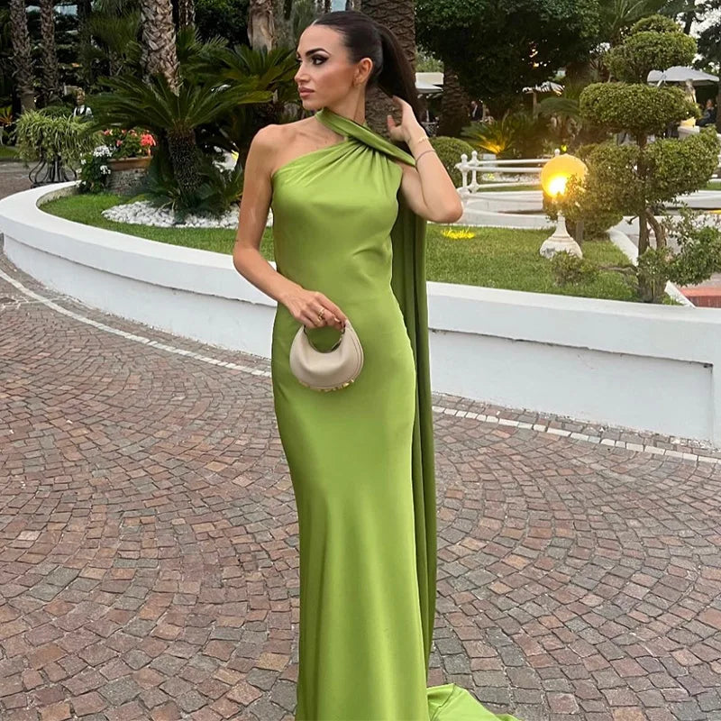 Band hängenden Hals lange Kleider schräg Schulter schnüren rücken frei seidig Satin Temperament Slim Fit Neck holder Frau Fischschwanz Kleid