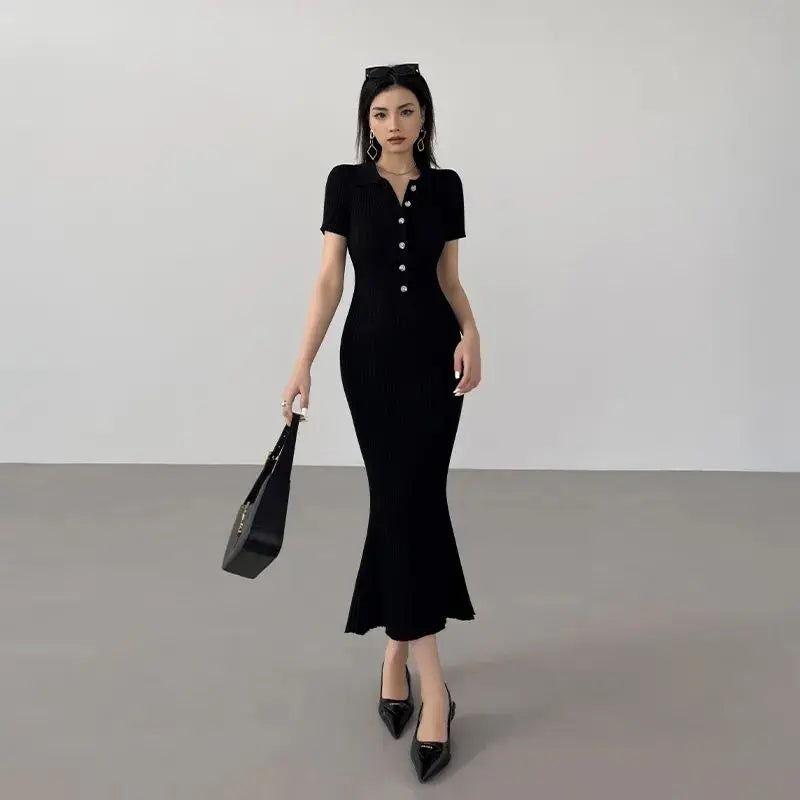 OCEANLOVE Meerjungfrau Rüschen Kleider für Frauen Gestrickte Solide Einreiher Sexy Vestidos Mujer Mode Frühjahr Sommer Langes Kleid