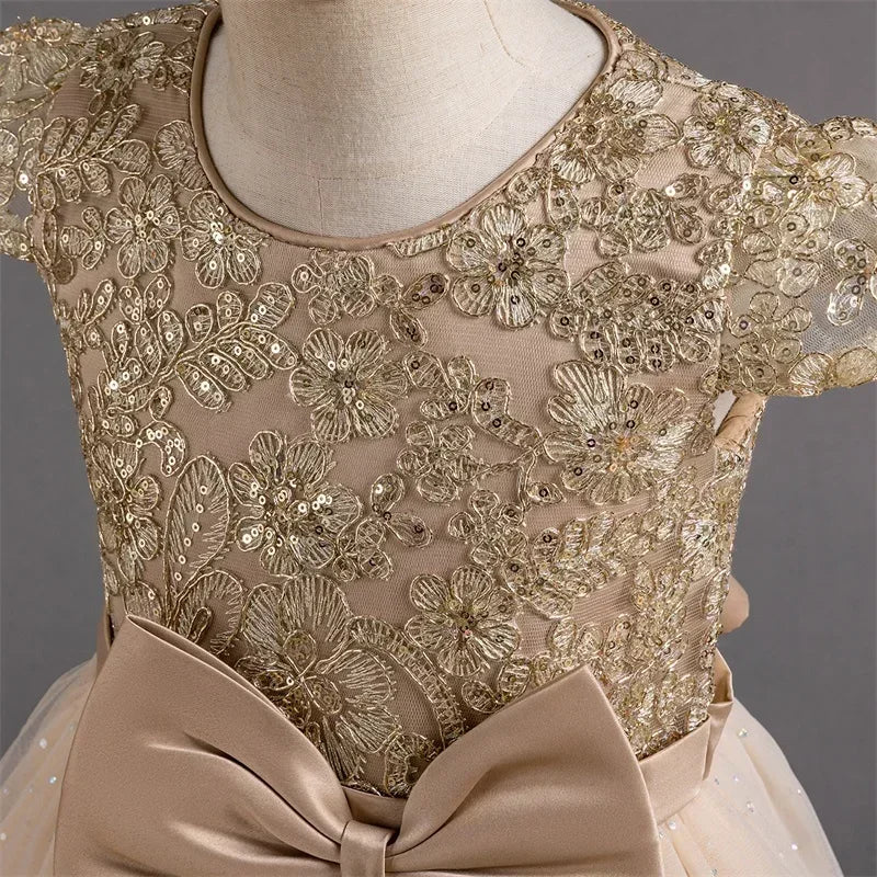 Mädchen Abschlussfeier Bankett Stickerei Paillettenkleid Hochzeitskleid Party Blumenkind Performance und bodenlanges Kleid