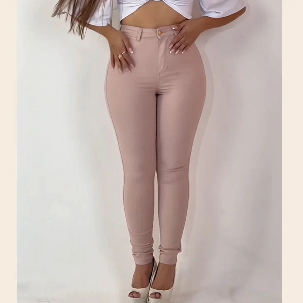 Fashion White Solid High Stretch Pencil Pants Women Full Season Skinny Leggings High Waist Tight Trousers Female Casual Wear.
