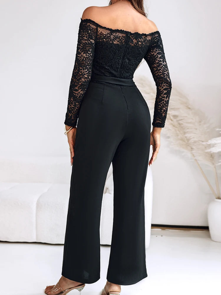 Off Shoulder Long Sleeve Eyelash Lace Spliced Slim Fit Overalls Casual Zipper Back Jumpsuit with Belt.