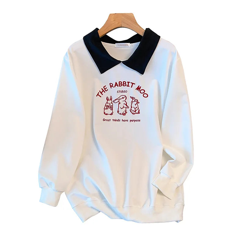 175kg plus size Damen büste Frühling Herbst loser Polo kragen Kaninchen besticktes Sweatshirt schwarz weiß 5xl 6xl 7xl 8xl 9xl