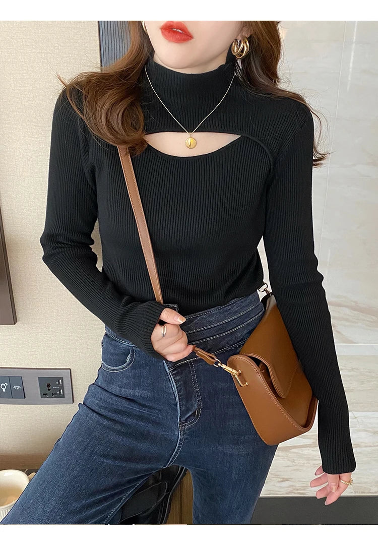 Herbst Winter Gestricktes Hemd Frauen Pullover Stricken Pullover Tops Mode Weibliche Lange Hülse Dünne Elastische Dünne Pullover Shirts