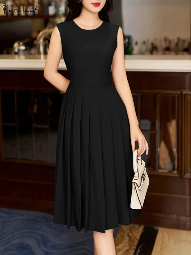 ZANZEA Elegante Frauen Plissee Midi Kleider Ausgestattet Taille Ärmel Solide Party Vestidos 2025, Sommer O Neck Pendeln Roben Femme