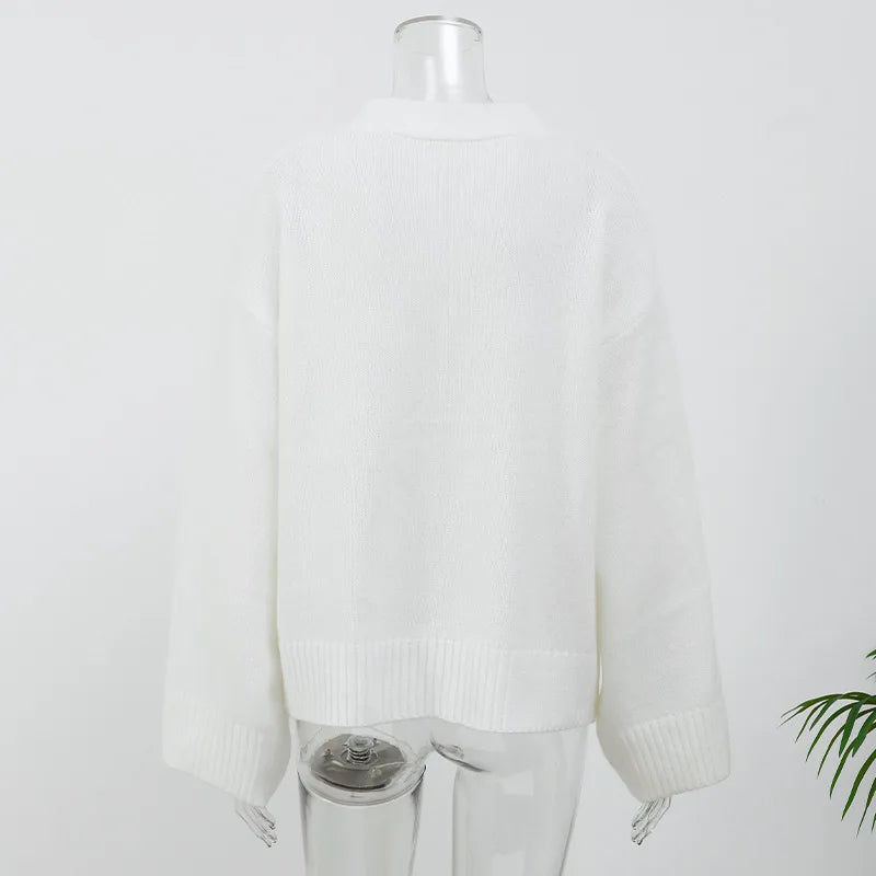 Damenjacke mit V-Ausschnitt, einfarbig, langärmelig, Strickjacke, modischer, lockerer, lässiger Pullover