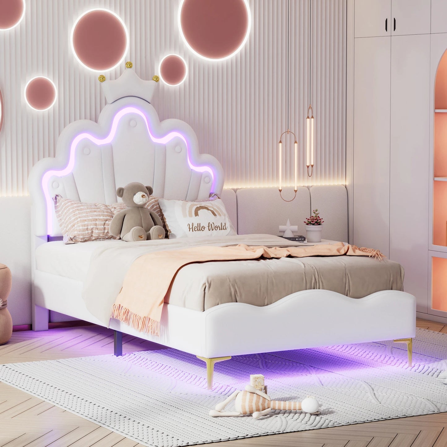 Rosahqnda Kinderbett Mädchen Einzelbett Doppelbett Kinderbett Prinzessin Kronenform Bett Verstellbares Kopfteil