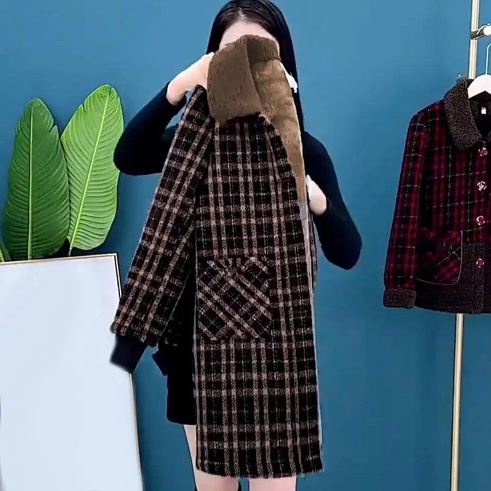 Frauen Plaid Mantel Karierten Winter Mutter Jacke Taschen drehen-unten Kragen einreiher Mid Länge Mantel Mid-aged frauen Mantel
