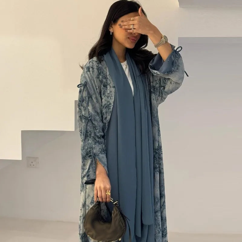 2025 sommer Arabisch Frauen Muslimische Kleidung Ramadan Dubai Offene Abaya Kleid mit Hijab Islam Gedruckt Chiffon 2 Stück Outfit