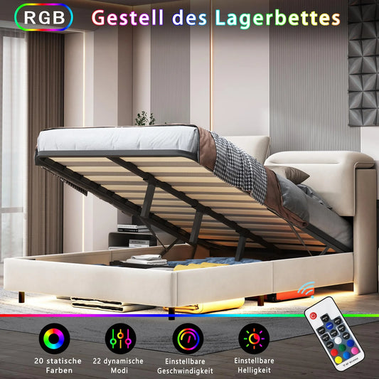 Lazyspace Samt gepolstertes Bett, Doppelbettrahmen, hydraulisches Bett mit Stauraum, verstellbarem Kopfteil und LED-Beleuchtung unter dem Bett