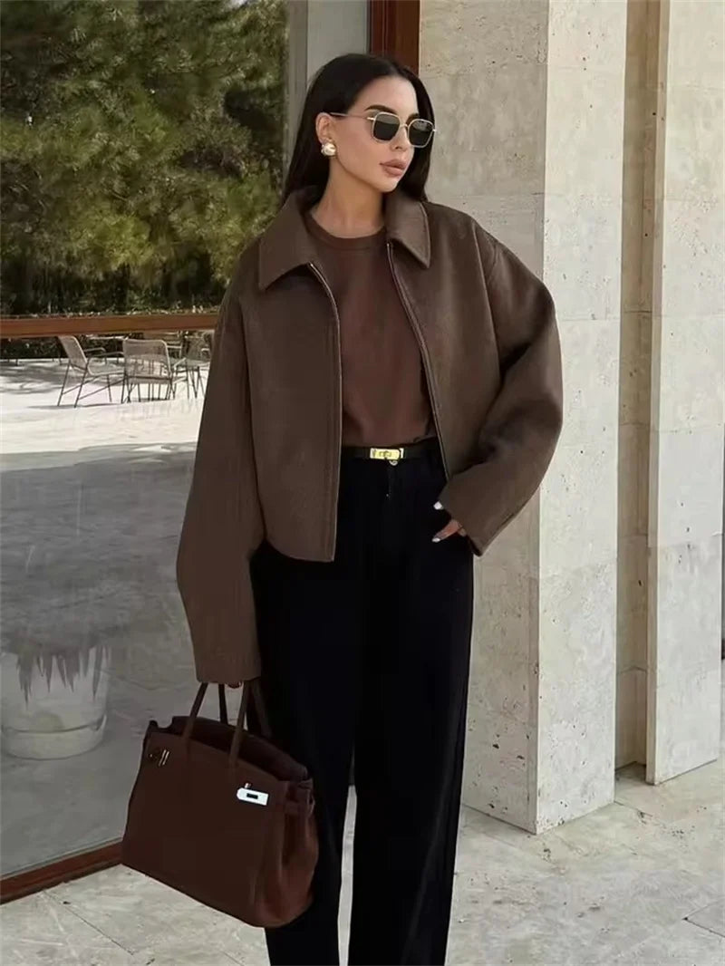 Mode Braun Zipper Woolen Jacke Für Frauen Elegante Revers Langarm Kurze Mäntel Weibliche Vintage Herbst Dame Straße Oberbekleidung