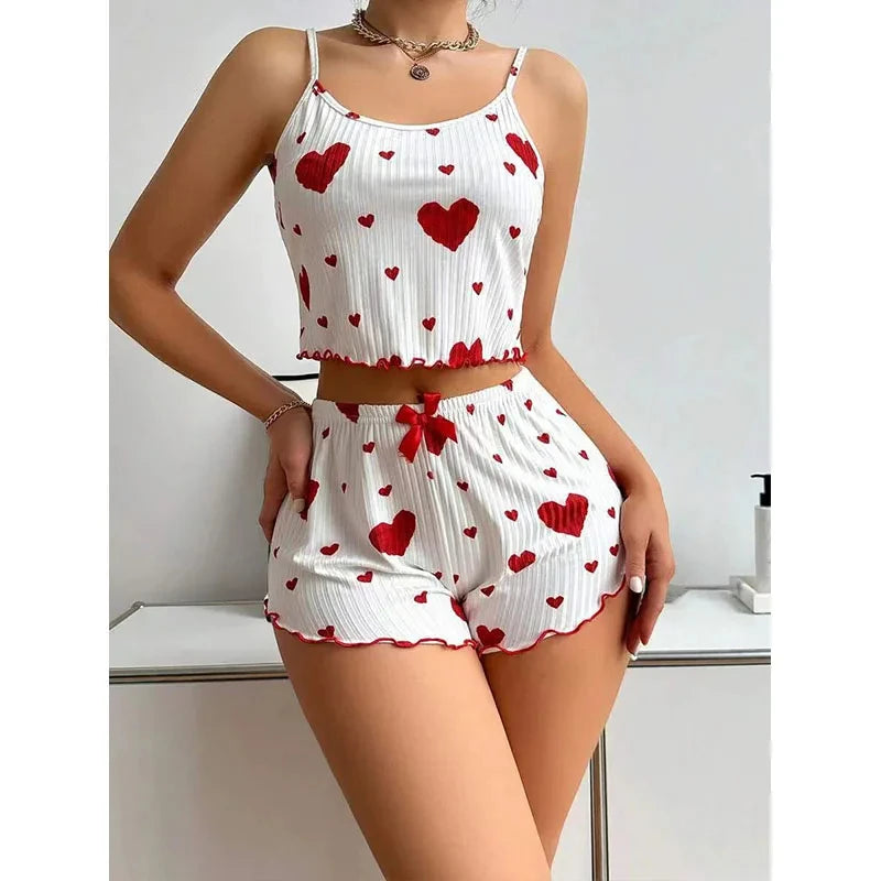 Sexy Herz Druck Pyjama Set Frauen Nachtwäsche Trendy Mode Lounge Tragen Nachtwäsche Zwei Stück Set Homewear Pyjamas
