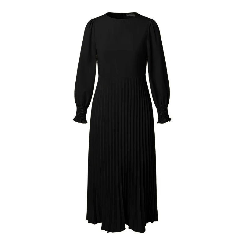 ZANZEA Elegantes Damen-Plisseekleid, edel, gesmokte Bündchen, langärmelig, O-Ausschnitt, Fit und Flare, lang, Vestidos, Pendeln, solide Party-Roben