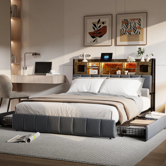 Rosahqnda Doppelbettgestell 140–160 x 200 cm mit LED, USB und Schubladen, gepolstertes Jugendbett, Wohnungsbett, Gästezimmer, Leinen, Grau