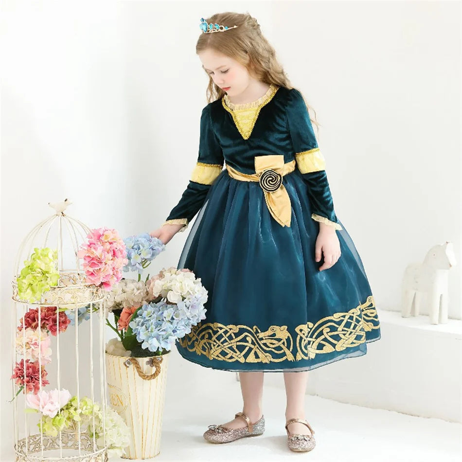 Girls Merida Cosplay Princess Dress Children Stage Performance Clothes Kids Halloween Carnival Party Long Sleeves Outfits