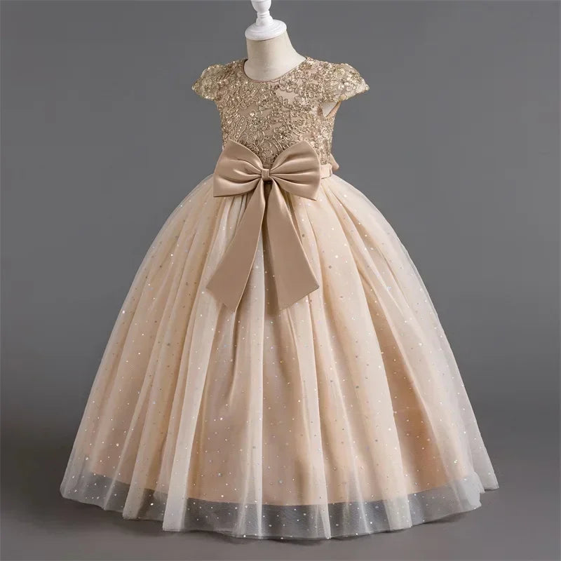 Mädchen Abschlussfeier Bankett Stickerei Paillettenkleid Hochzeitskleid Party Blumenkind Performance und bodenlanges Kleid