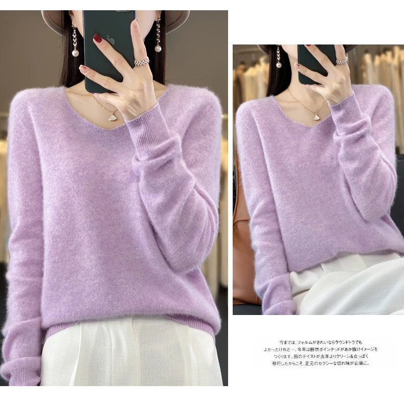 2024 100% Merino Reine Wolle V-ausschnitt Herbst Und Winter Pullover Pullover Neue Kaschmir Pullover frauen Beiläufige Gestrickte Top DMR201
