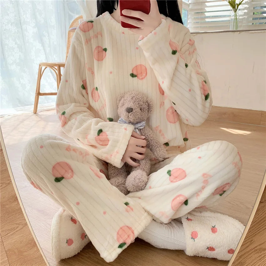 Winter-Damen-Pyjama-Homewear-Anzug, neues warmes Set aus Korallen-Fleece für Herbst und Winter, bequemer warmer Pyjama-Homewear-Anzug