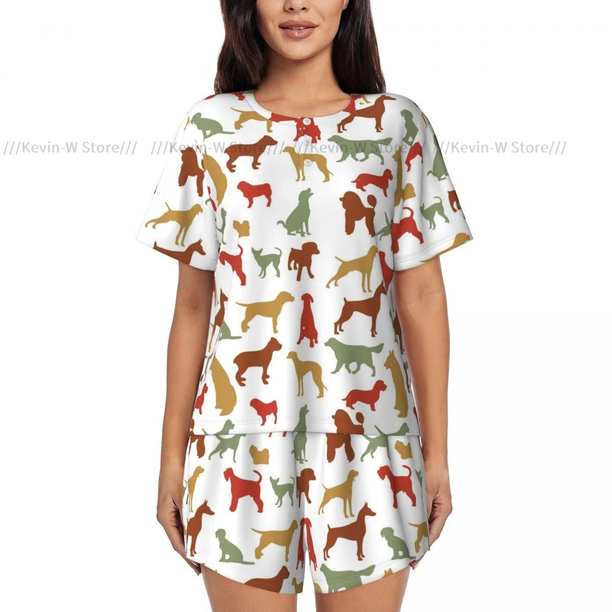 Zweiteiliges Damen-Pyjama-Set mit Rundhalsausschnitt und kurzen Ärmeln. Dog Breed, lässiges Pyjama-Set für zu Hause