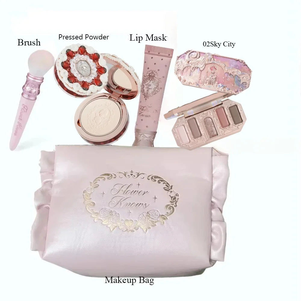 Makeup Set Flower Knows All in One GiftBox Glitter EyeShadow Palette Long Lasting Velvet Lip Cream Matte Blush with Cosmetic Bag