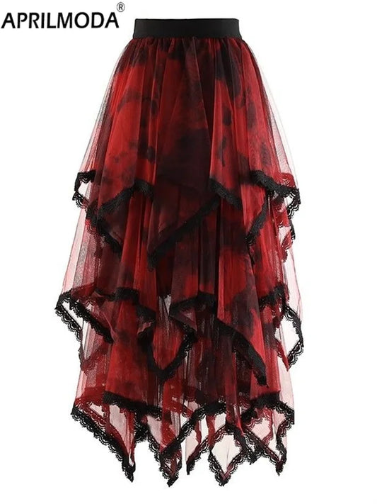 Irregular Hem Lace Cake Mesh Midi Long Skirt High Elastic Waist Ball Gown Harajuku Gothic Cosplay Maxi Skirts Red Party Skater.