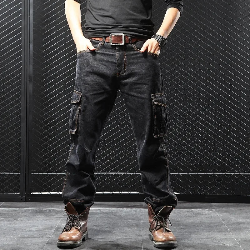 Men's Autumn/Winter Multi-Pocket Straight-Leg Cargo Pants Loose Fit Plus Size Plus Beefy Jeans Casual Comfortable Denim Trousers.