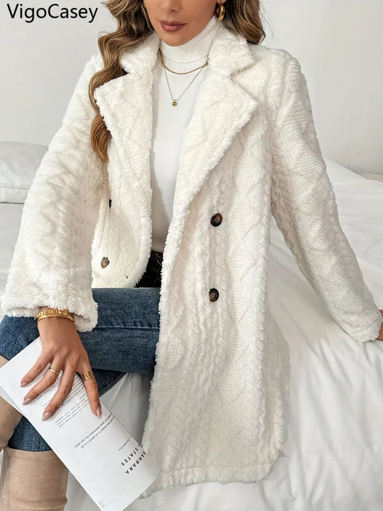 VigoCasey 2025, Herbst Winter Frauen Casual Jacke Weiß Dicken Plüsch Warme Mantel Langarm Weiche Strickjacke Dame Einreiher Mantel