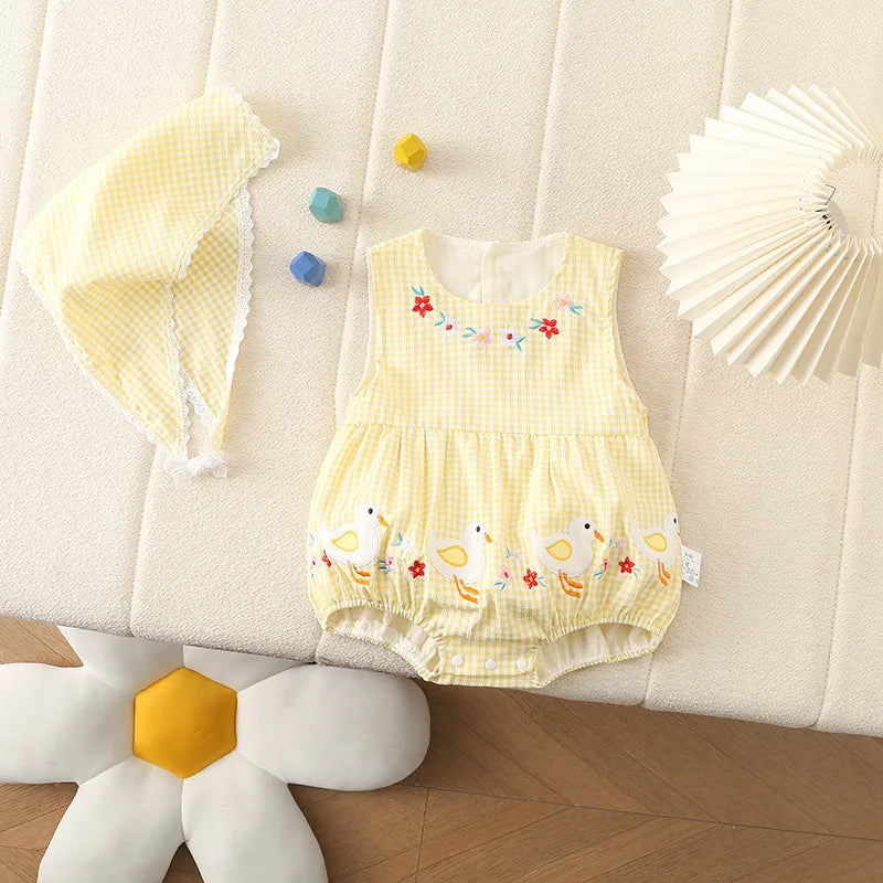 0–2 Jahre Neugeborene Kinder, bezaubernder Baby-Mädchen-Strampler aus Baumwollgaze, gelb kariert, bezauberndes besticktes Enten-Design – weich und süß