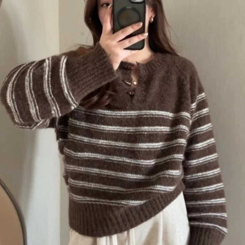 Striped Pullover Sweater Women Knitted Shirts Autumn Winter Female Fashion O-neck Knitwear Long Sleeve Casual Sweaters Knit Tops.