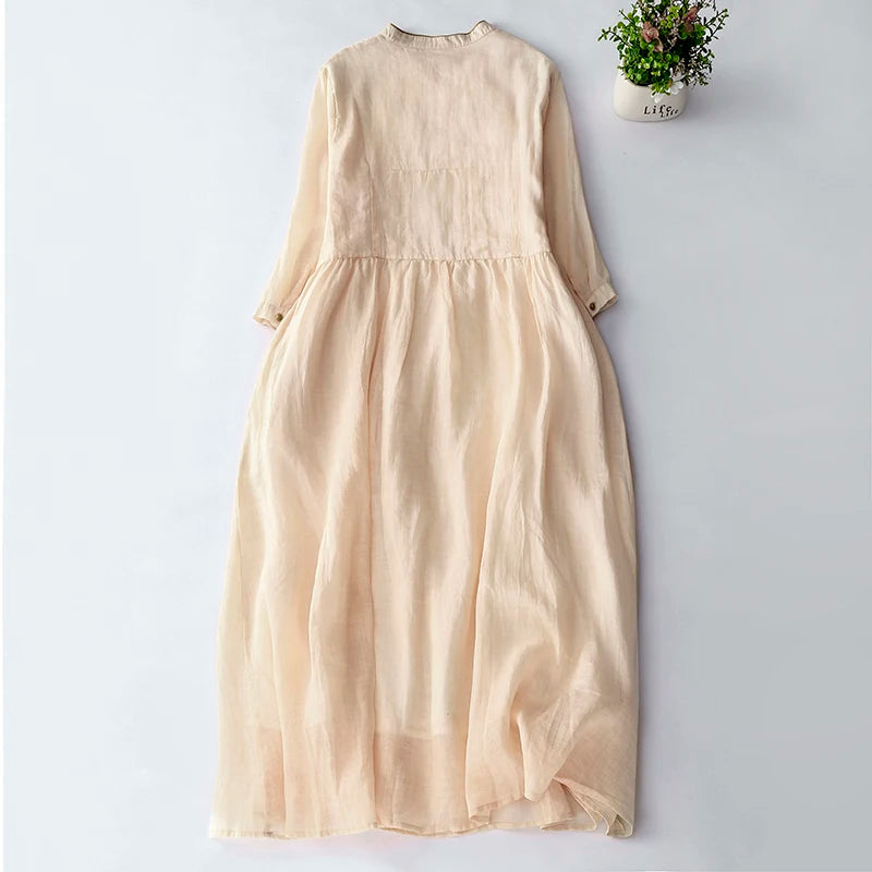 Vintage lange Damen kleider neue chinesische Stickerei koreanische Kleidung Sommer Kurzarm lose Freizeit kleid