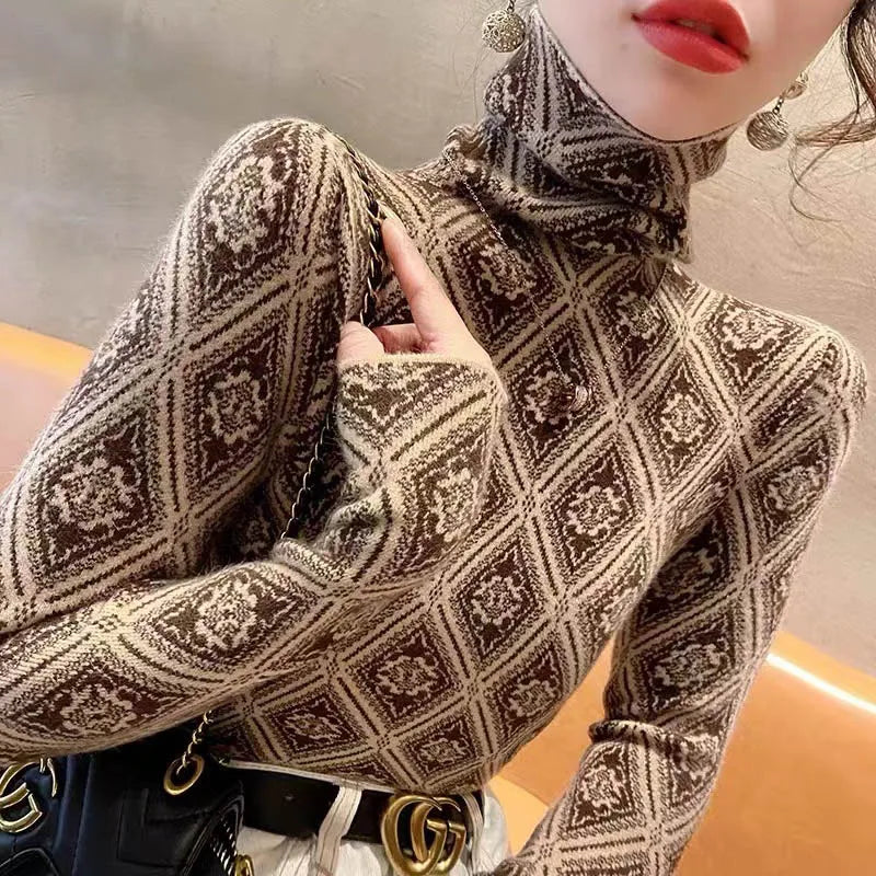 Frauen Kleidung Mode Rollkragen Argyle Stricken Pullover Herbst Winter Elegante Chic Schlanke Langarm Pullover Büro Dame Y2K Top