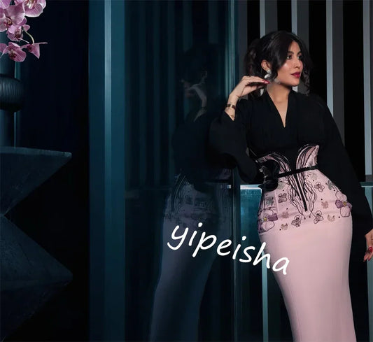 Maßgeschneidertes, hochwertiges, glitzerndes, exquisites Jersey-Applikations-Cocktailparty-Etui mit V-Ausschnitt, maßgeschneidertes Anlasskleid, Midi-Kleider, Elegan.