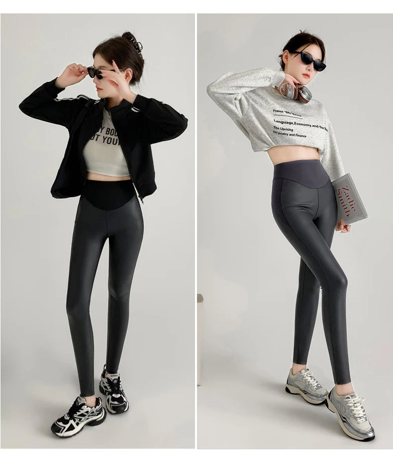 BIVIGAOS Herbst Neue Enge Stretch Leder Hosen Frauen Sharkskin Hohe Taille Spleißen PU Leder Fleece Sexy Leggings Winter Warm