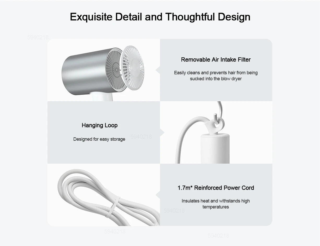 XIAOMI MIJIA H500 Water Ion Hair Dryer,Professional Negative Ionic Blow Hair Dryer,3 Temp & 2 Speed,220V CN Version With Adapter