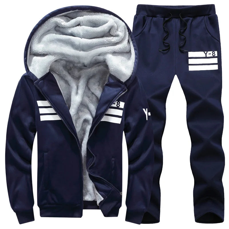 Winter New Men's Fleece Thickened Warm Sports Suit Fashionable Hooded Full Zipper Solid Color Trendy Casual Men's Suit.
