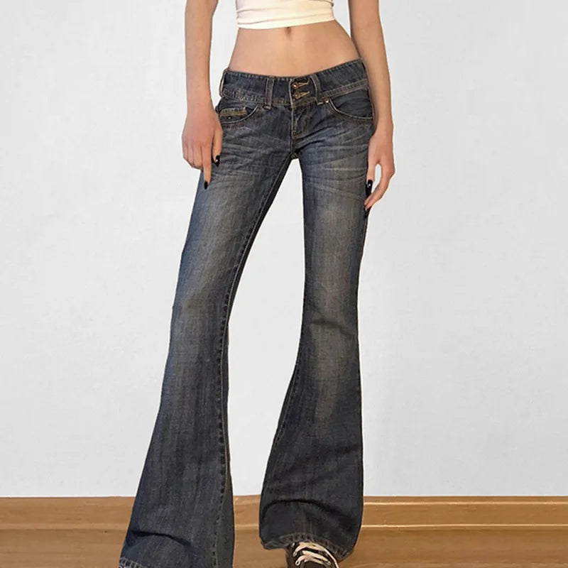 Vintage Y2K Flared Jeans Retro Button-up Low Rise Casual Denim Hose Harajuku 2000er Jahre Hose Basic Aesthetic Mom