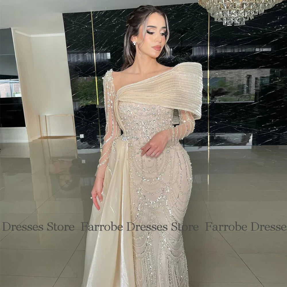 Saudi Arabia Luxury Evening Dresses Jersey Mermaid/Trumpet Celebrity Gown Ivory Off-the-shoulder Pearls Beading Prom Dress Long.