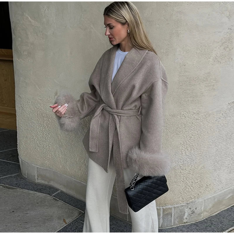 2025 Chic Revers Plüsch Mantel Mit Gürtel Frauen Vintage Feste Faux Pelz Hülse Tweed Offene Mäntel Weibliche Herbst Casual Straße outwear