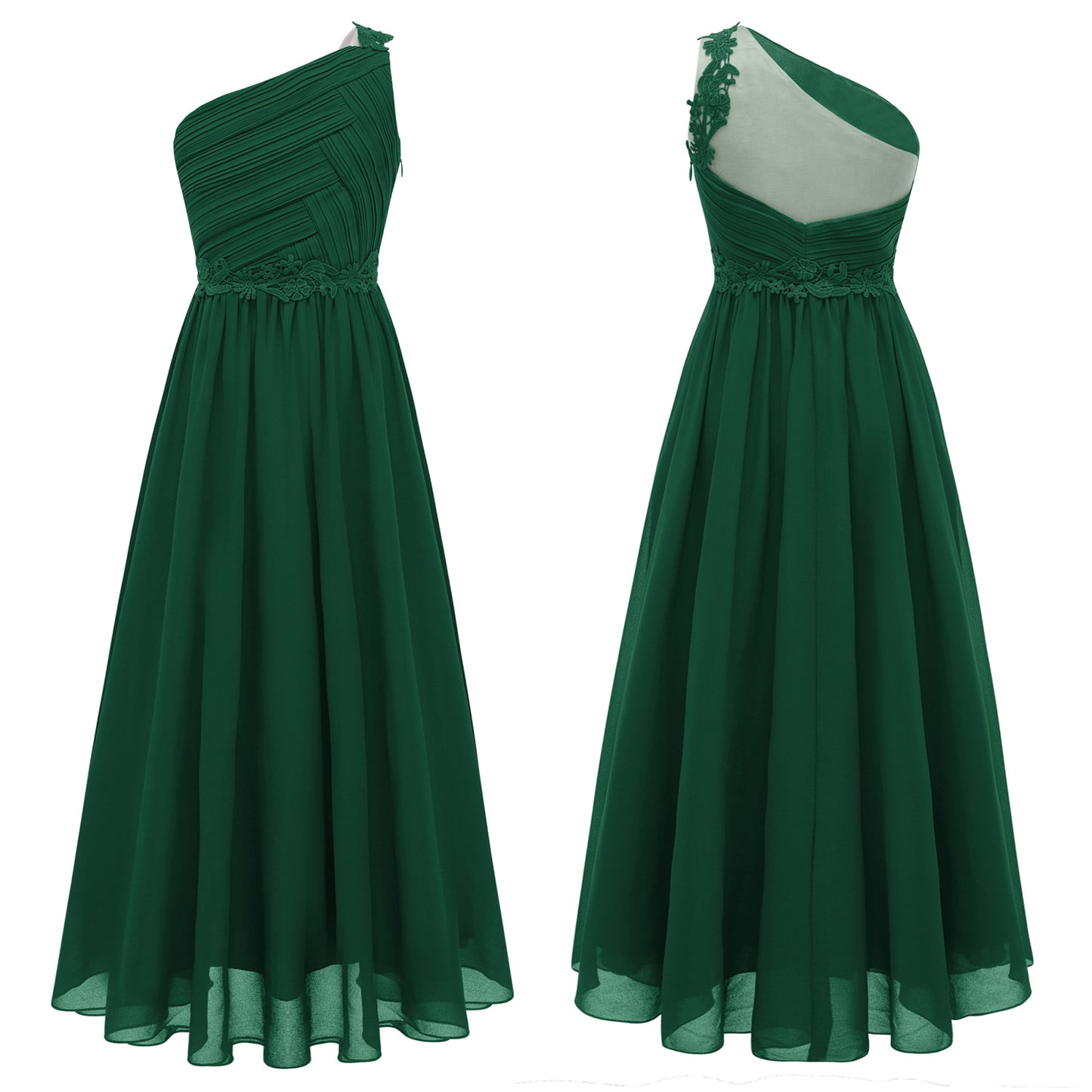 Mädchen Hochzeit Brautjungfer Kleid One Shoulder Elegante Guipure-Spitze Geraffte Chiffon Maxi Party Kleider Geburtstag Abend Abendkleid