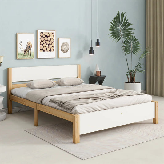 Holzbett Doppelbett 140x200cm, Kiefernholzrahmen mit Mittelfuß, Jugendbett mit Kopf und Fußteil aus MDF,Weiß+Natur,ohne Matratze