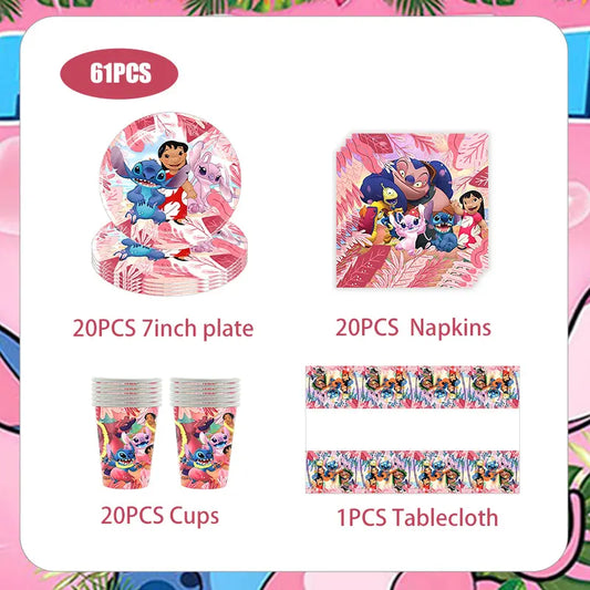 Lilo und Stitch Geburtstagsparty-Dekorationen, Geschirr, Tassen, Teller, Servietten, Kuchendekoration, Geschenktüten, Hintergrund für Kinder, Partyzubehör.