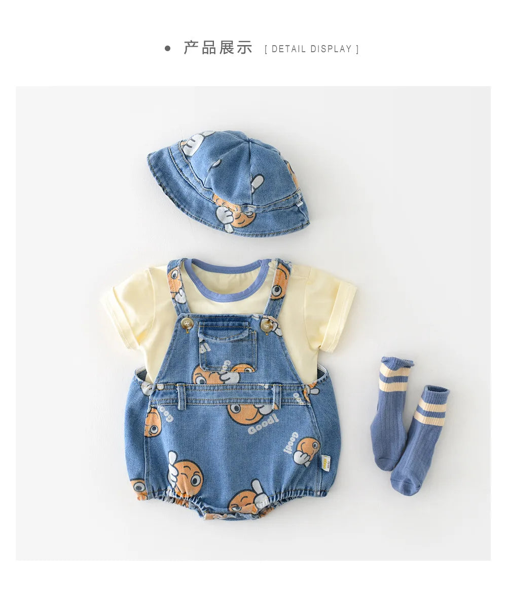 2 Stück Sommer Kinder Baby Denim Bodysuit und Mützen Anzüge einteilige Unisex Kleinkind Jungen Mädchen weiche Jeans Kleidung Jeans Sprung anzüge