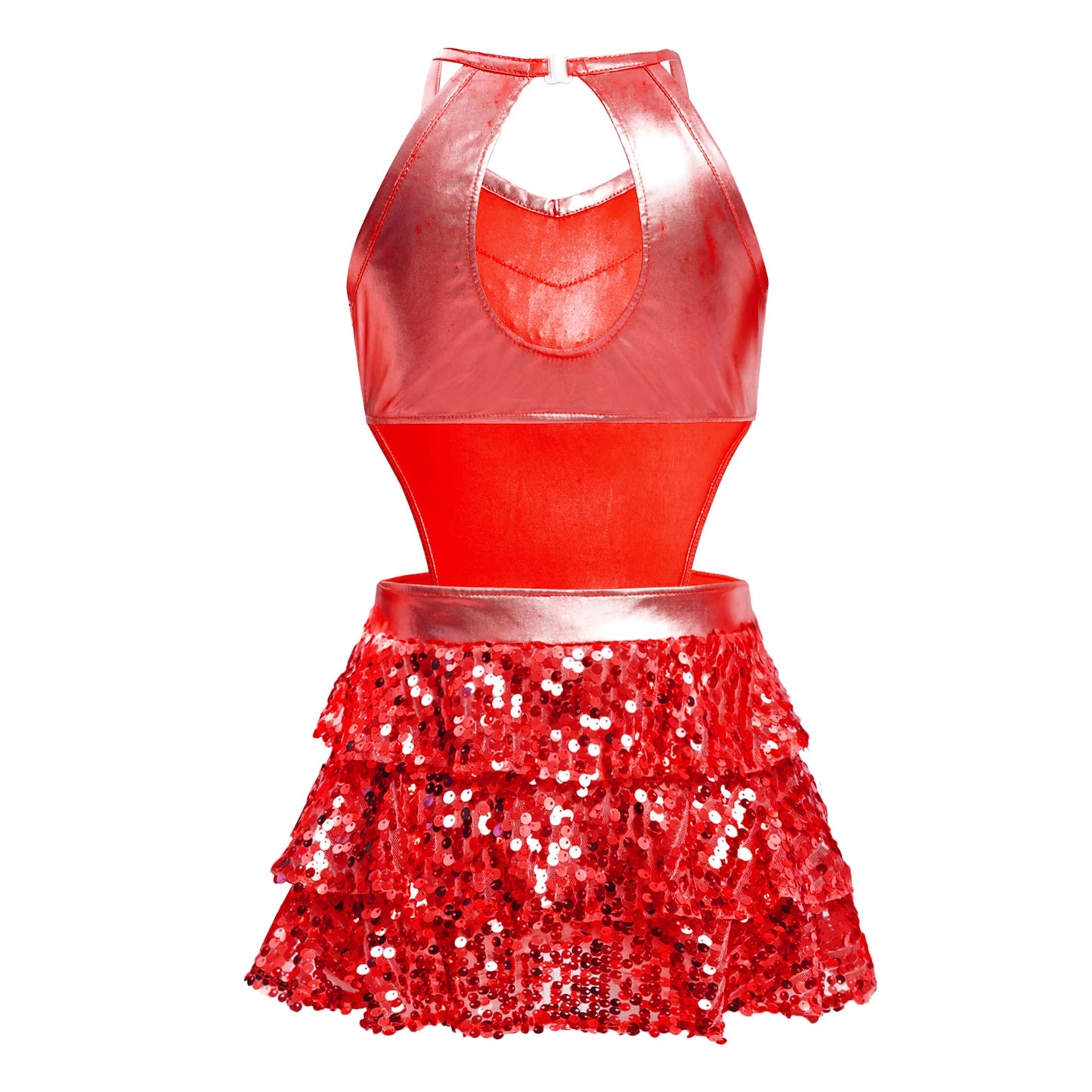 Kinder Mädchen Pailletten Jazz Ballett Tanzkleid Ärmellos Ausschnitt Tiered Rüschen Trikot Salsa Samba Rumba Skating Performance Kostüm