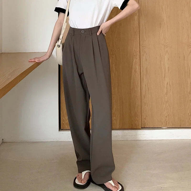 Hohe Taille Frauen Anzug Hosen fallen gerade Büro Damen koreanische Mode Hosen lässig Knopf lose weibliche schwarze Hosen neue 2024