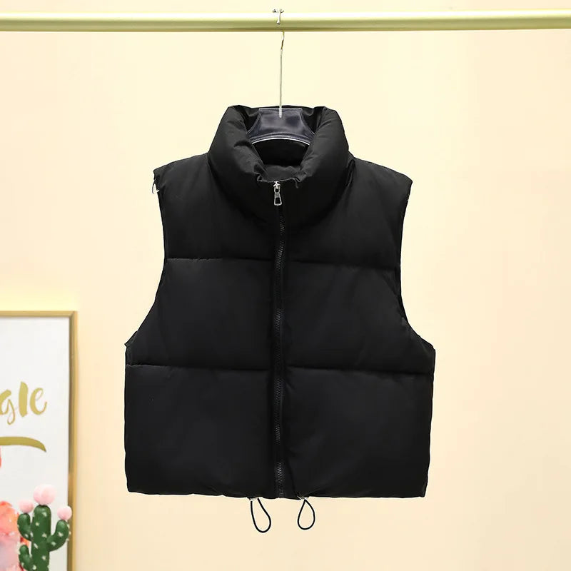 Herbst Winter Kurze Baumwolle Weste Elegante Solide Zipper Ärmel Stehkragen Warme Stepp Weste Mäntel Reise Jacke Im Freien