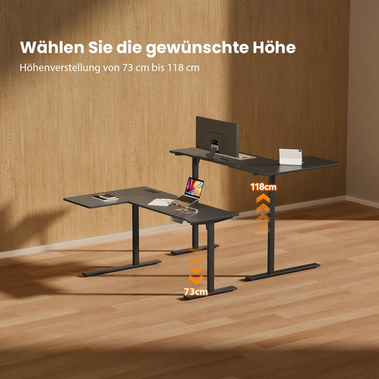 COSYHOMES-Höhenverstellbarer L-Förmiger Schreibtisch, 160 × 120 Cm, Mit Steckdosen, Einstufig, Schwarz