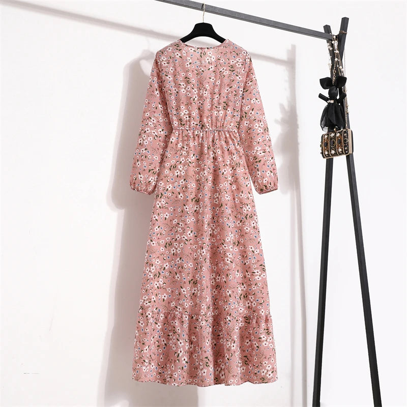 Frühling Sommer Frauen Maxi Kleider Casual Volle Hülse Floral Gedruckt Oansatz Frau Bohe Strand Party Lange Kleid Mujer Vestidos