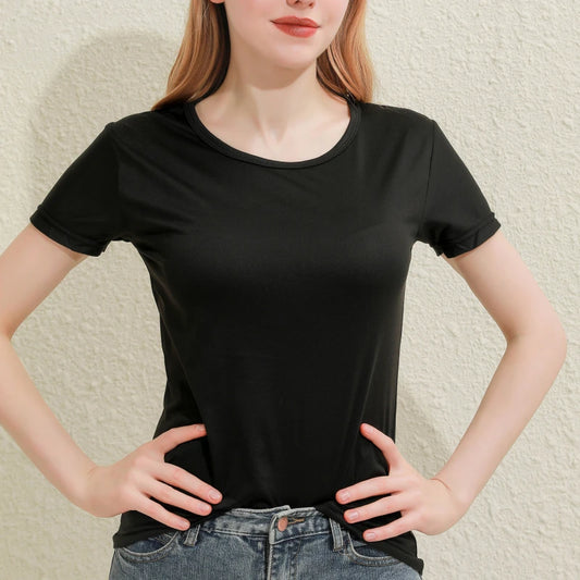 2024 Kurze T-Shirts Sommer Damen Kurzarm Rundhals Casual Bluse Shirts Einfarbig Tops Schwarz / Weiß