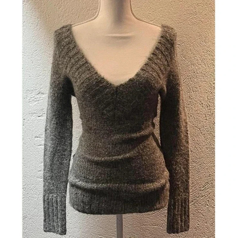 Deeptown Sexy Gestrickte Pullover Frauen V-ausschnitt Vintage Frühen Y2k Grunge Pullover Mujer Herbst Mode Langarm Pullover Schlank